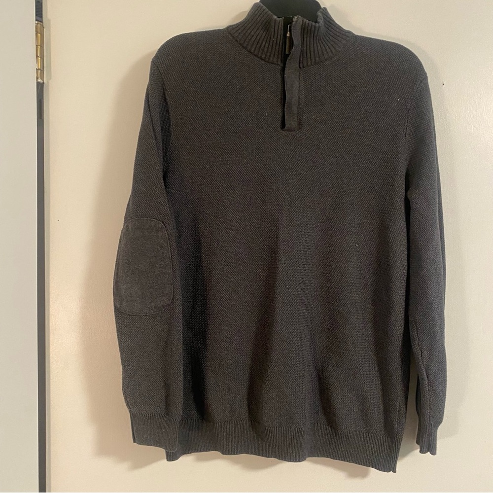 Tasso Elba Mens Long Sleeve Pullover Sweater Gray 1/4 Zip Elbow Patch Textured M